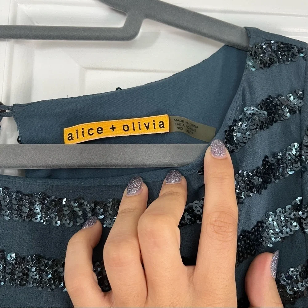 Alice and Olivia | Navy Blue 100%Silk and Striped Sequin Dress Size XS